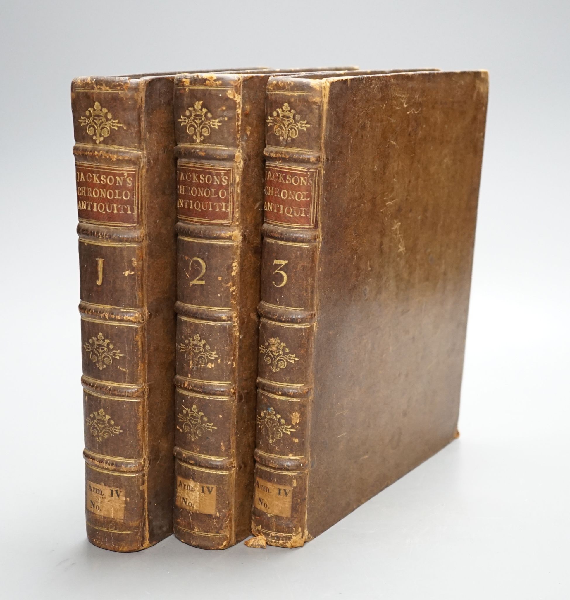 Jackson, John - Chronological Antiquities .... of the Most Ancient Kingdoms ... 3 vols., subscriber's list; contemp. calf, gilt-decorated and panelled spines with red labels, 4to. printed for the Author, 1752